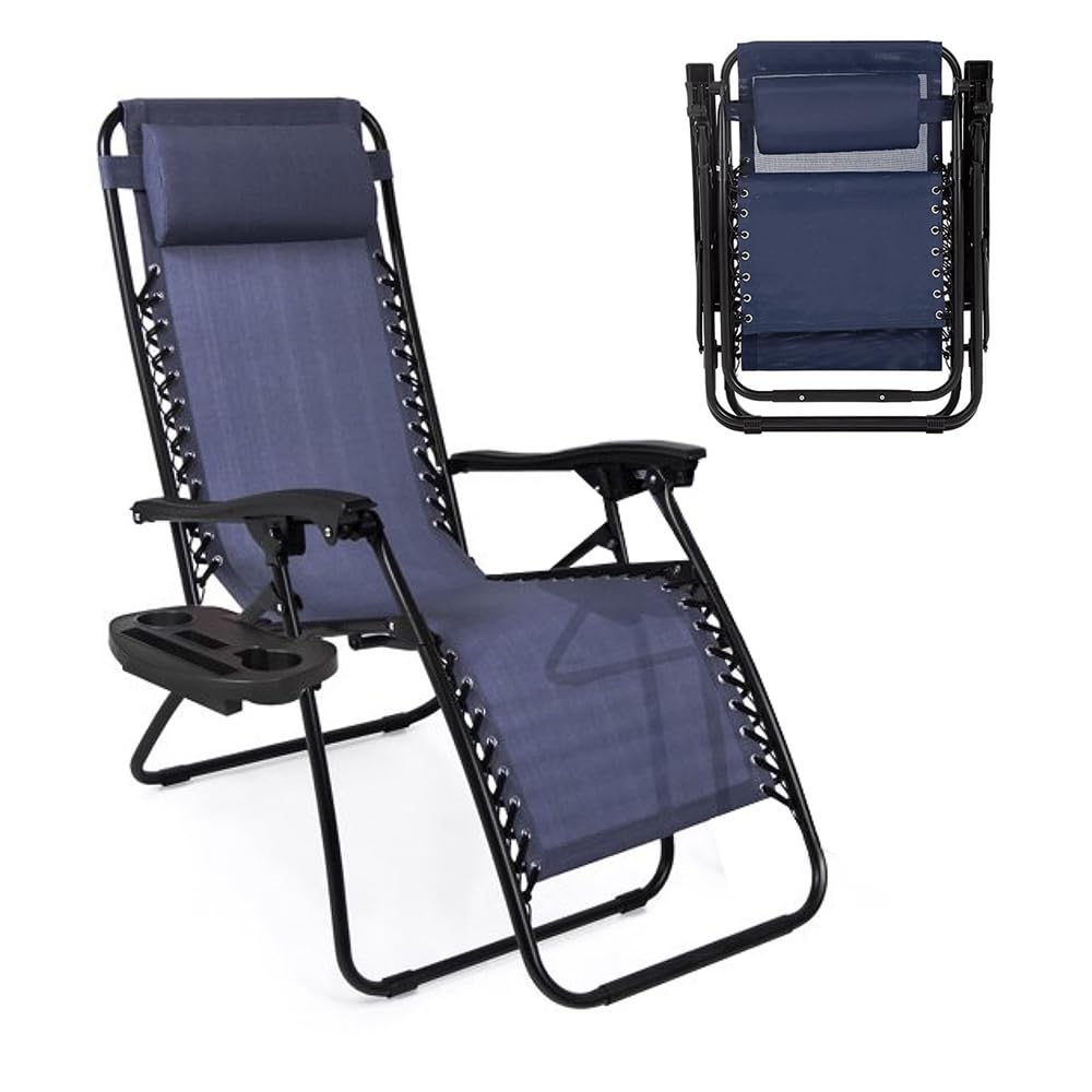 NavyBlue Adjustable Folding Zero Gravity Lounge Chair with Pillow and Cup Holder X118583