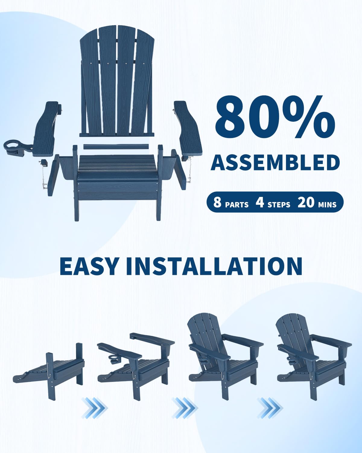Navy Blue HDPE Folding Adirondack Chair Set of 6 with Cup Holder O2961