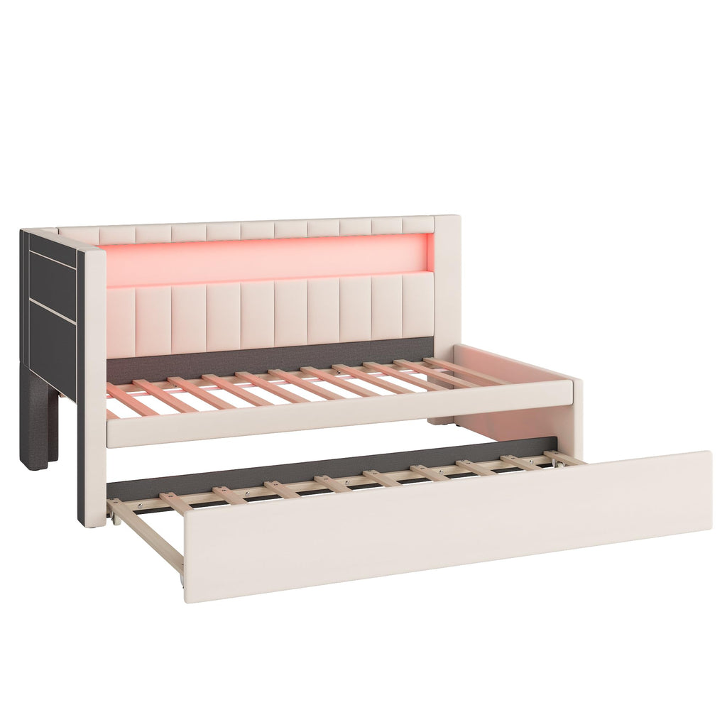 White Linen Upholstered Twin Size Daybed with Trundle and Bookcase Headboard J385657