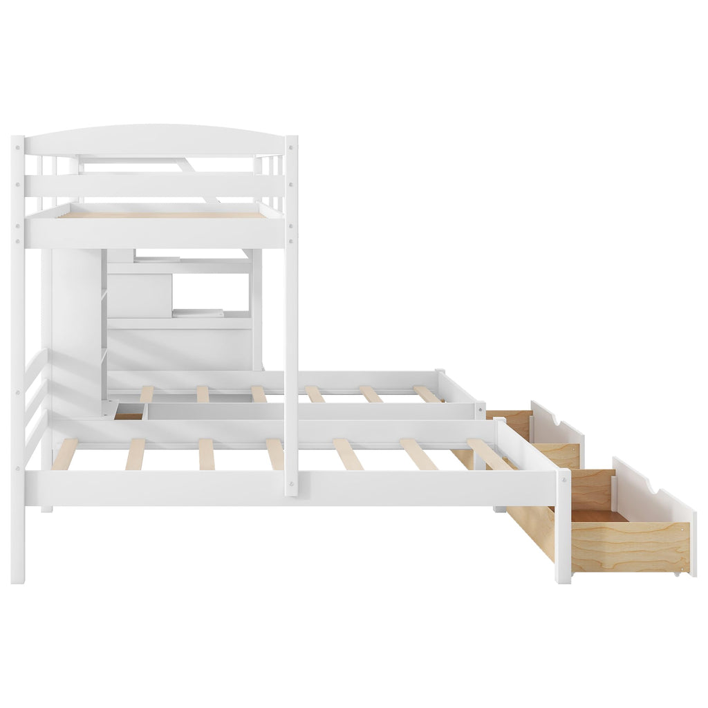 White Wood Twin over Twin Bunk Bed with Storage Drawers and Stairs K63689
