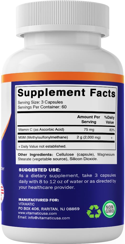 MSM 2000 mg with Vitamin C 180 Veg Capsules Non-GMO Gluten Free G3875