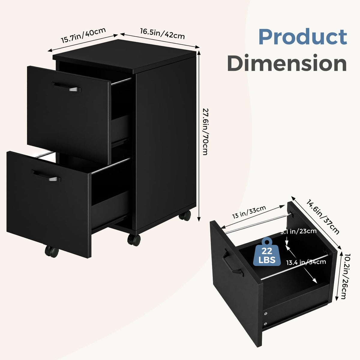 2 Drawer Black Wood File Cabinet B9578