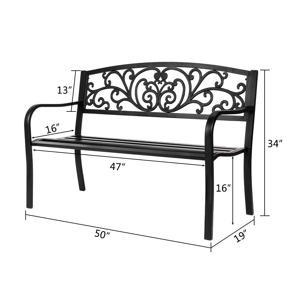 50in Black Metal Outdoor Bench with Armrests F665