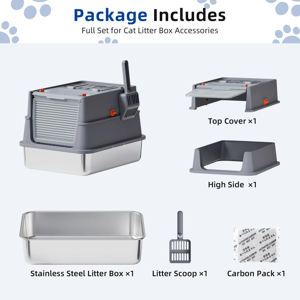 Stainless Steel Covered Cat Litter Box with High Sides H9731