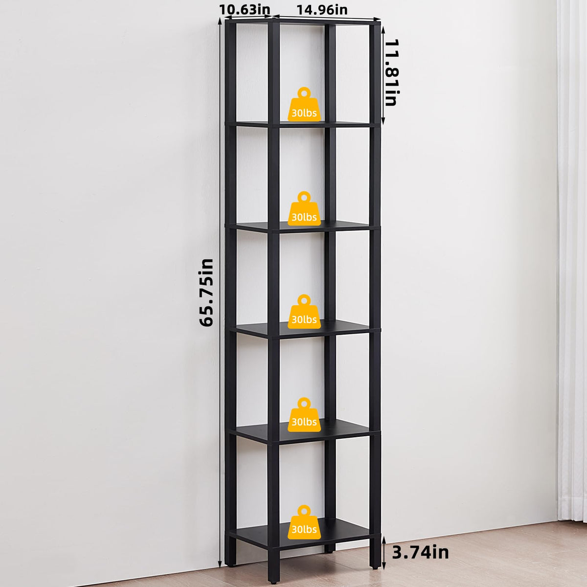 6 Tier Tall Skinny Black Bookshelf H165845
