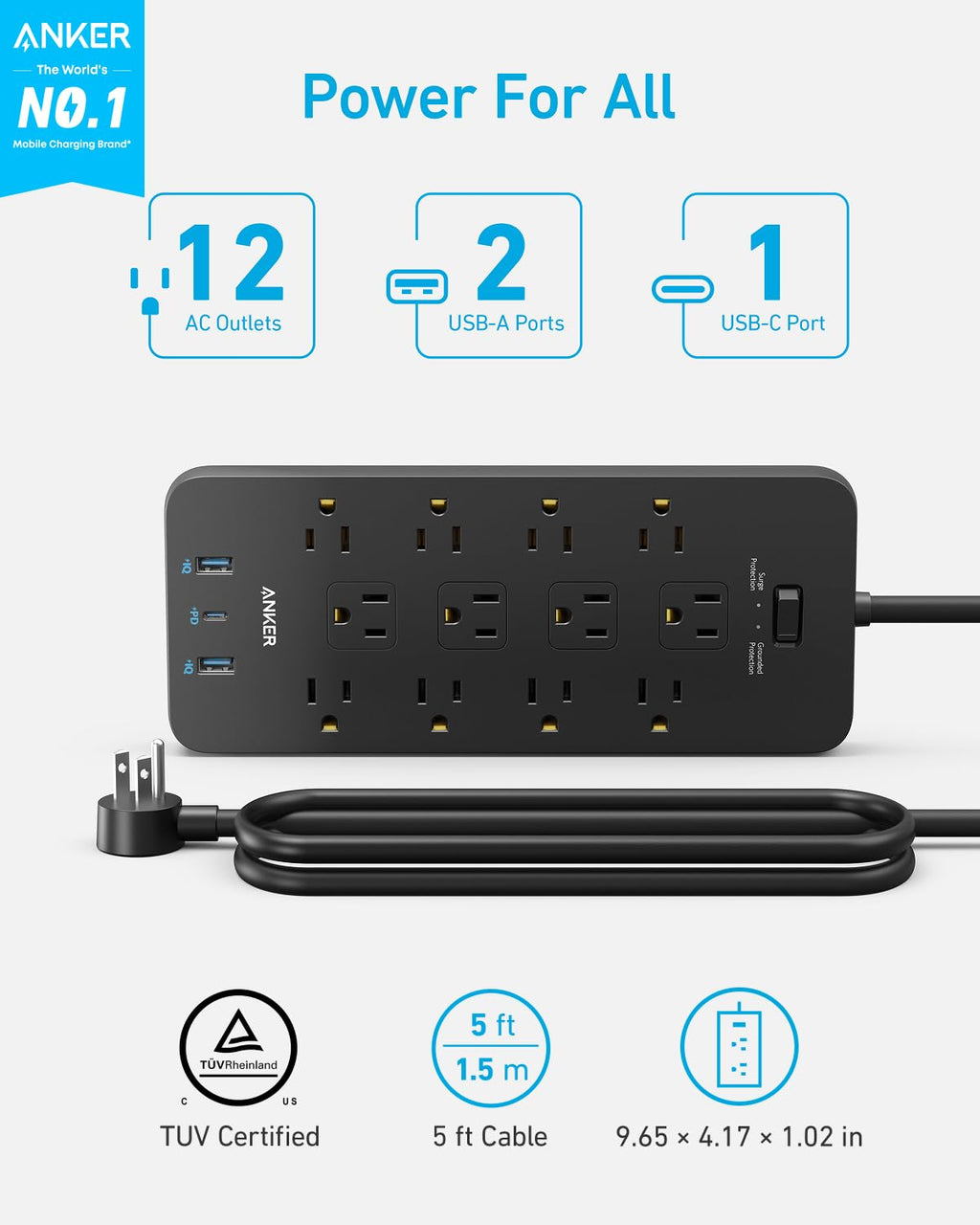 Power Strip with Surge Protector, Outlet Extender, 20W, 12 AC C7093