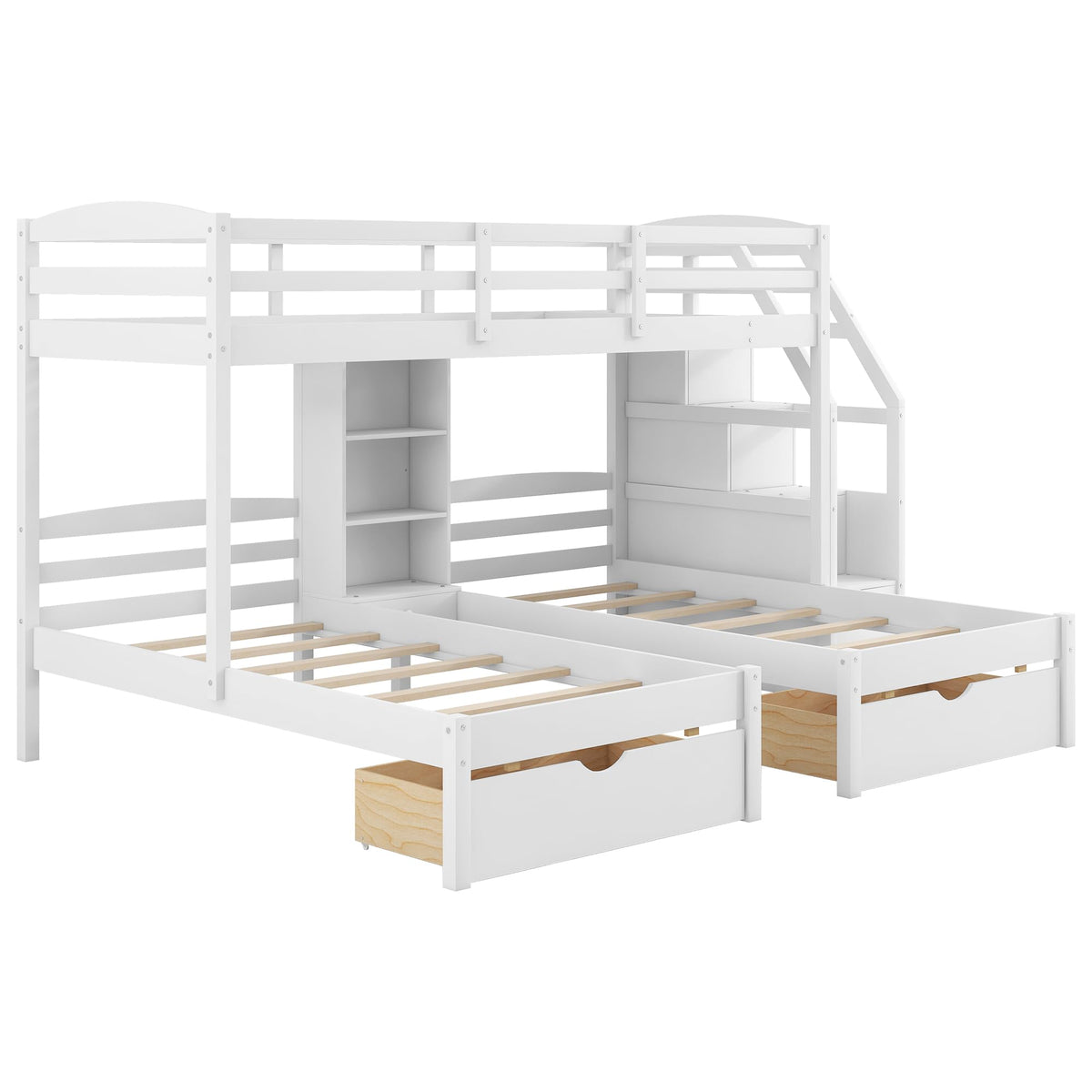 White Wood Twin over Twin Bunk Bed with Storage Drawers and Stairs K63689