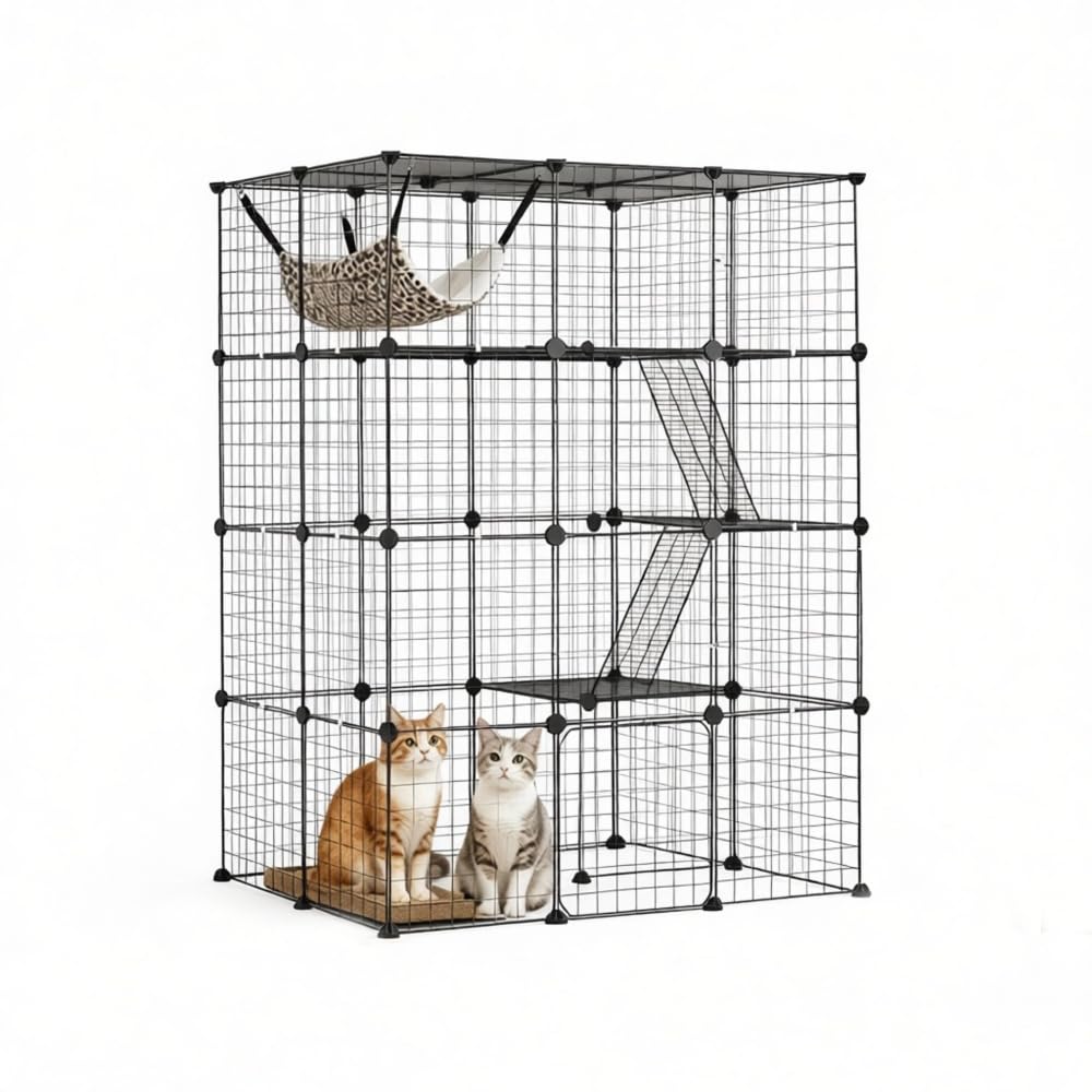 4-Tier Metal Wire Cat Cage with Hammock, Platforms & Ramps, Black S7659