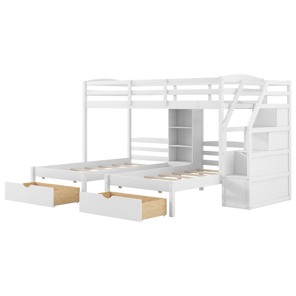 White Wood Twin over Twin Bunk Bed with Storage Drawers and Stairs K63689
