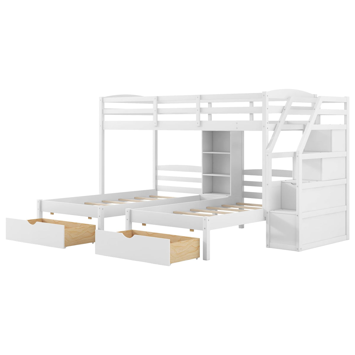 White Wood Twin over Twin Bunk Bed with Storage Drawers and Stairs K63689