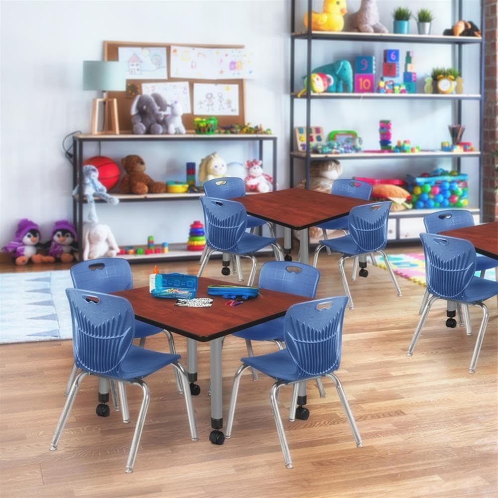 30" Square Mobile Table with 4 Blue Stackable Chairs L819