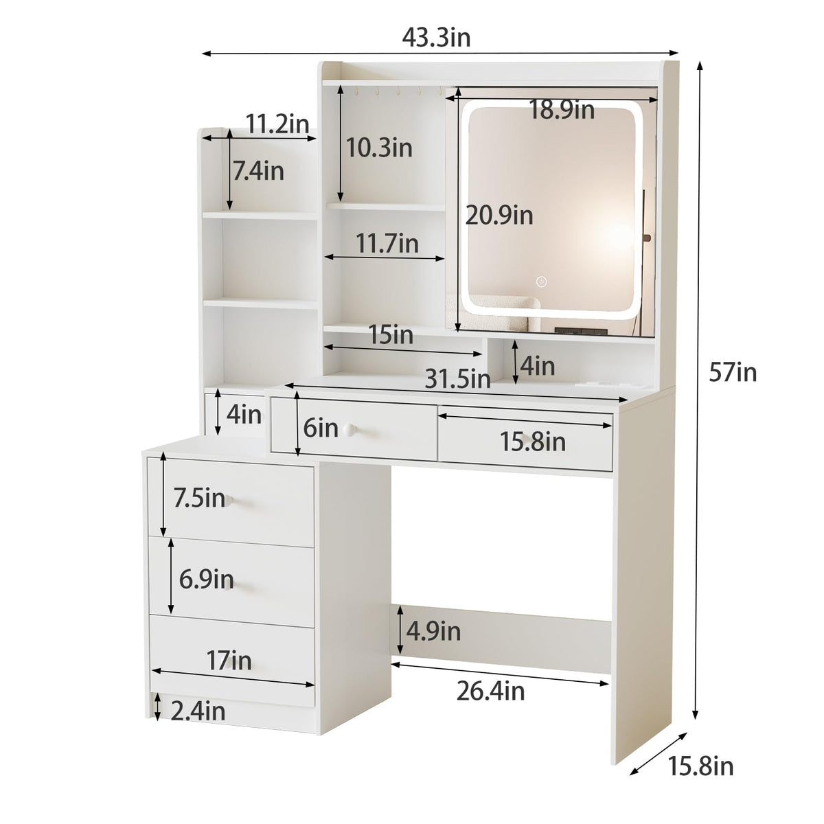 White Vanity Desk with Lighted Mirror and 6 Drawers B689698