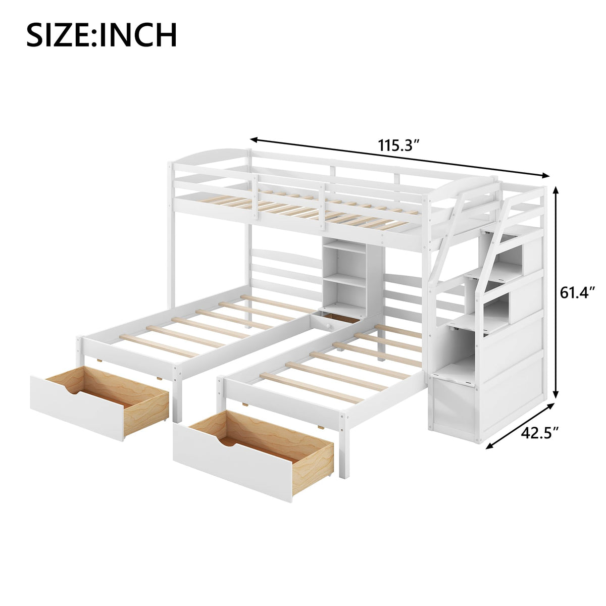 White Wood Twin over Twin Bunk Bed with Storage Drawers and Stairs K63689