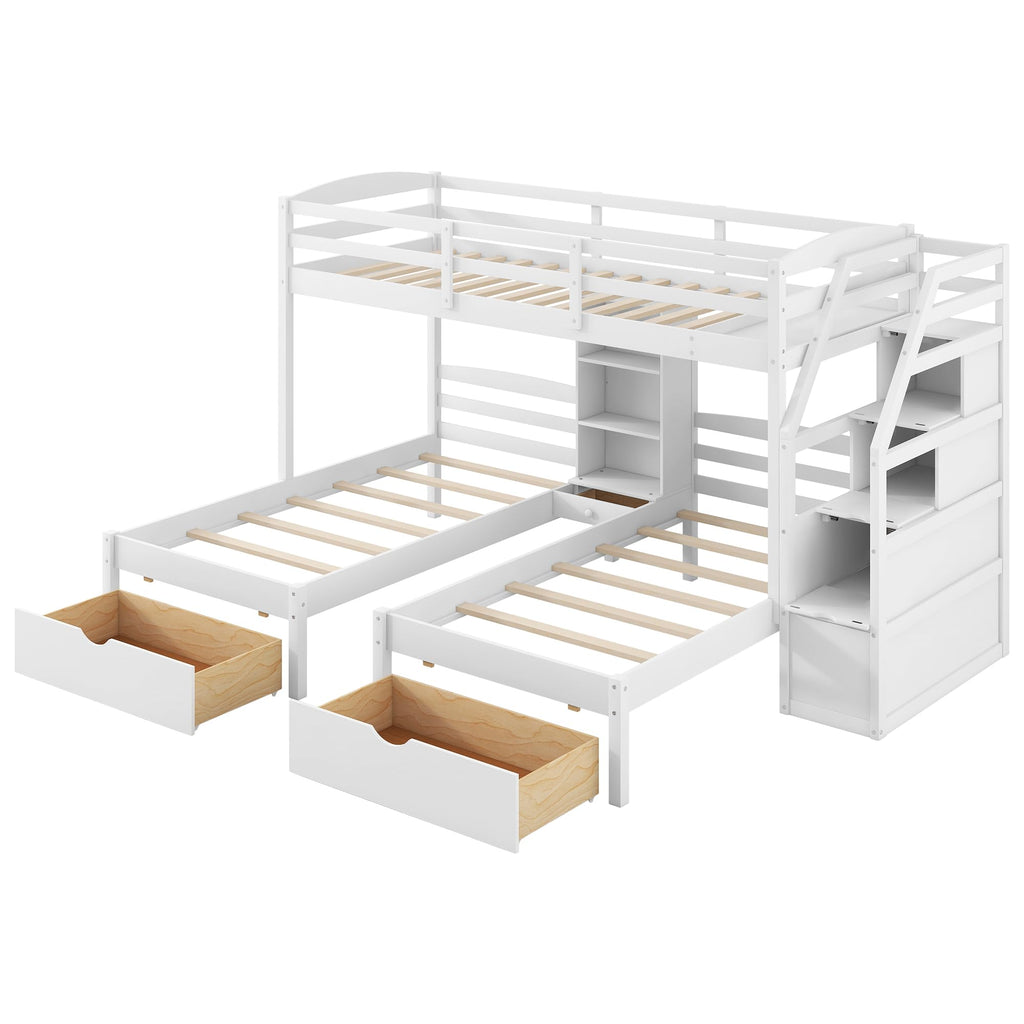 White Wood Twin over Twin Bunk Bed with Storage Drawers and Stairs K63689