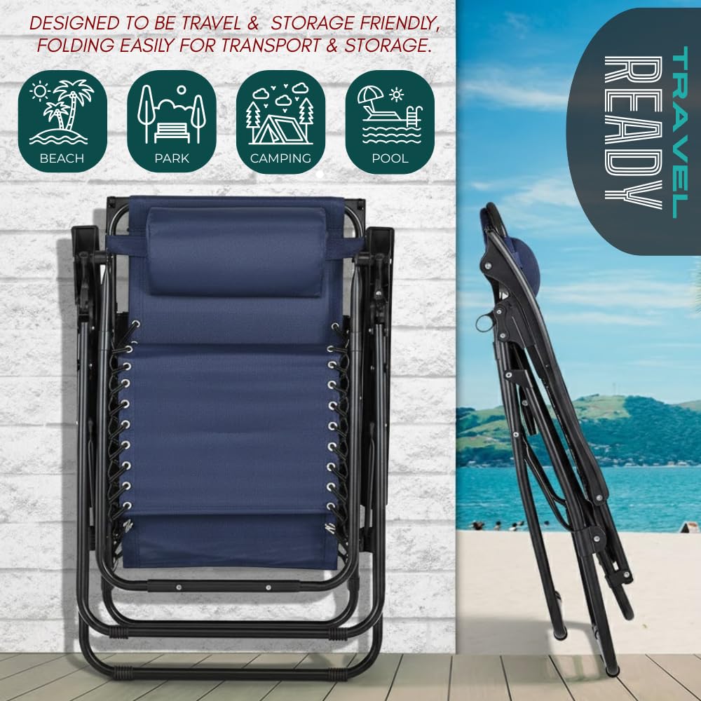 NavyBlue Adjustable Folding Zero Gravity Lounge Chair with Pillow and Cup Holder X118583