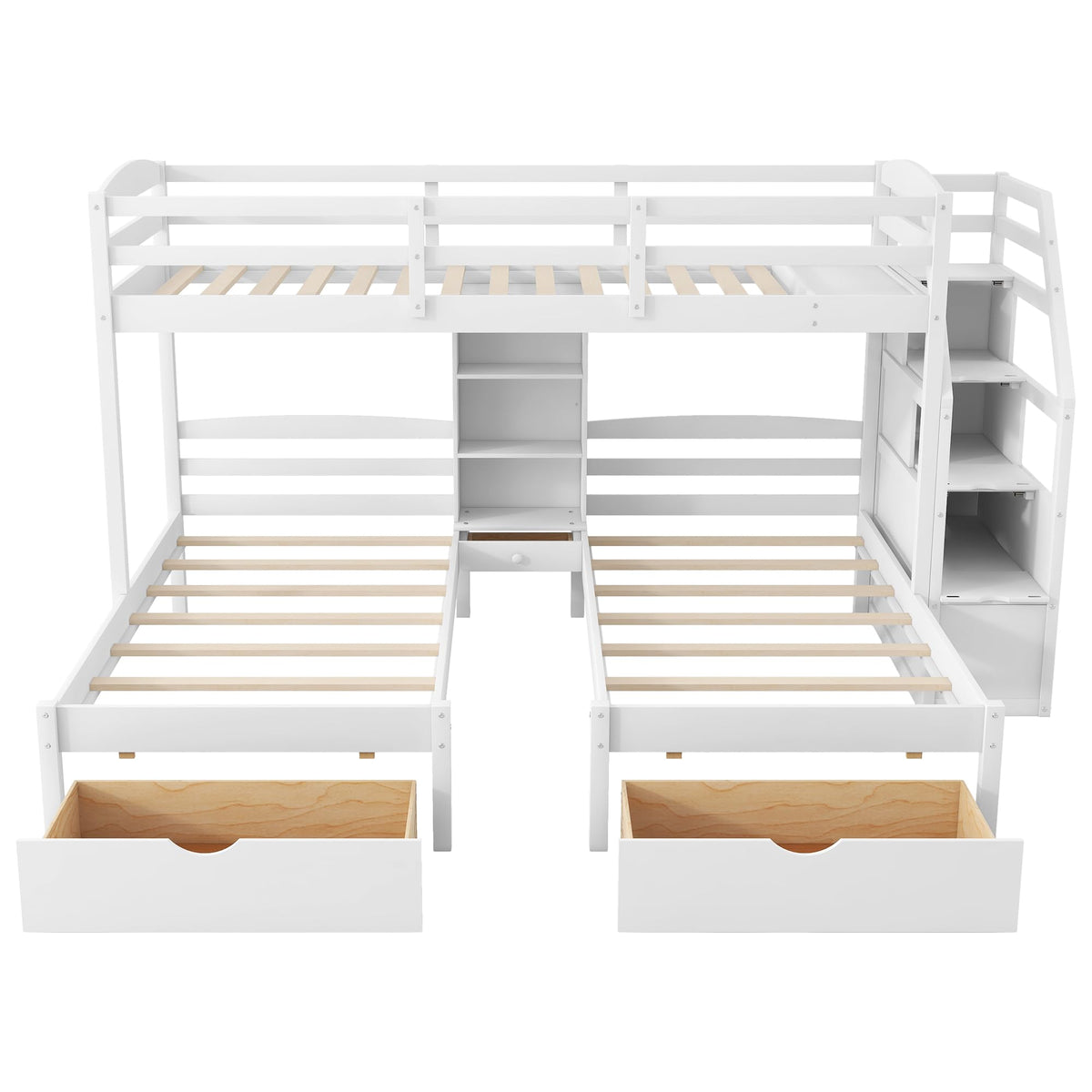 White Wood Twin over Twin Bunk Bed with Storage Drawers and Stairs K63689