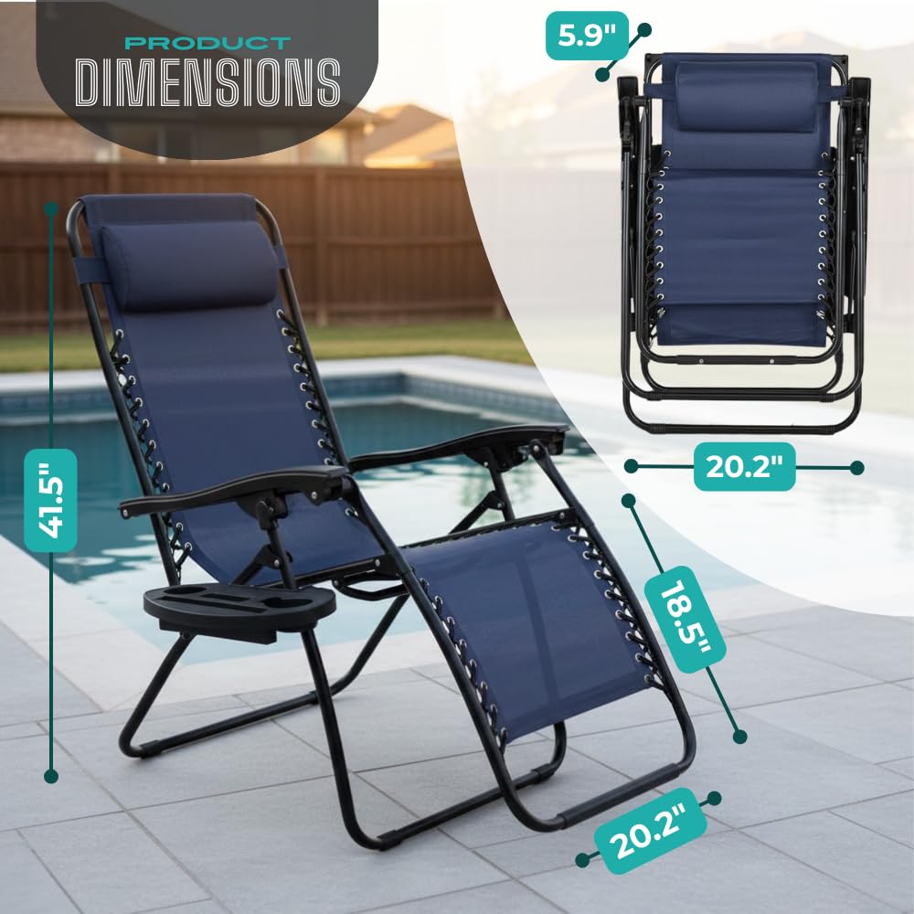 NavyBlue Adjustable Folding Zero Gravity Lounge Chair with Pillow and Cup Holder X118583