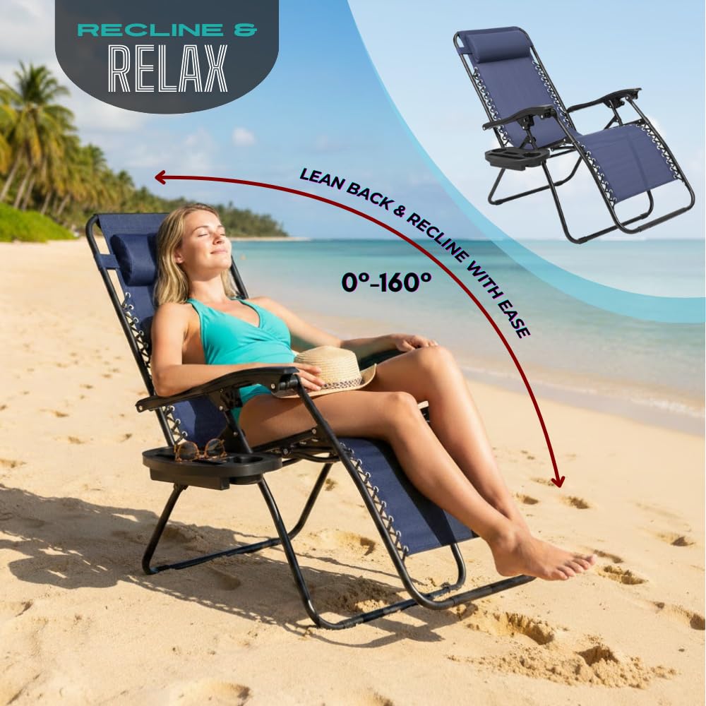 NavyBlue Adjustable Folding Zero Gravity Lounge Chair with Pillow and Cup Holder X118583