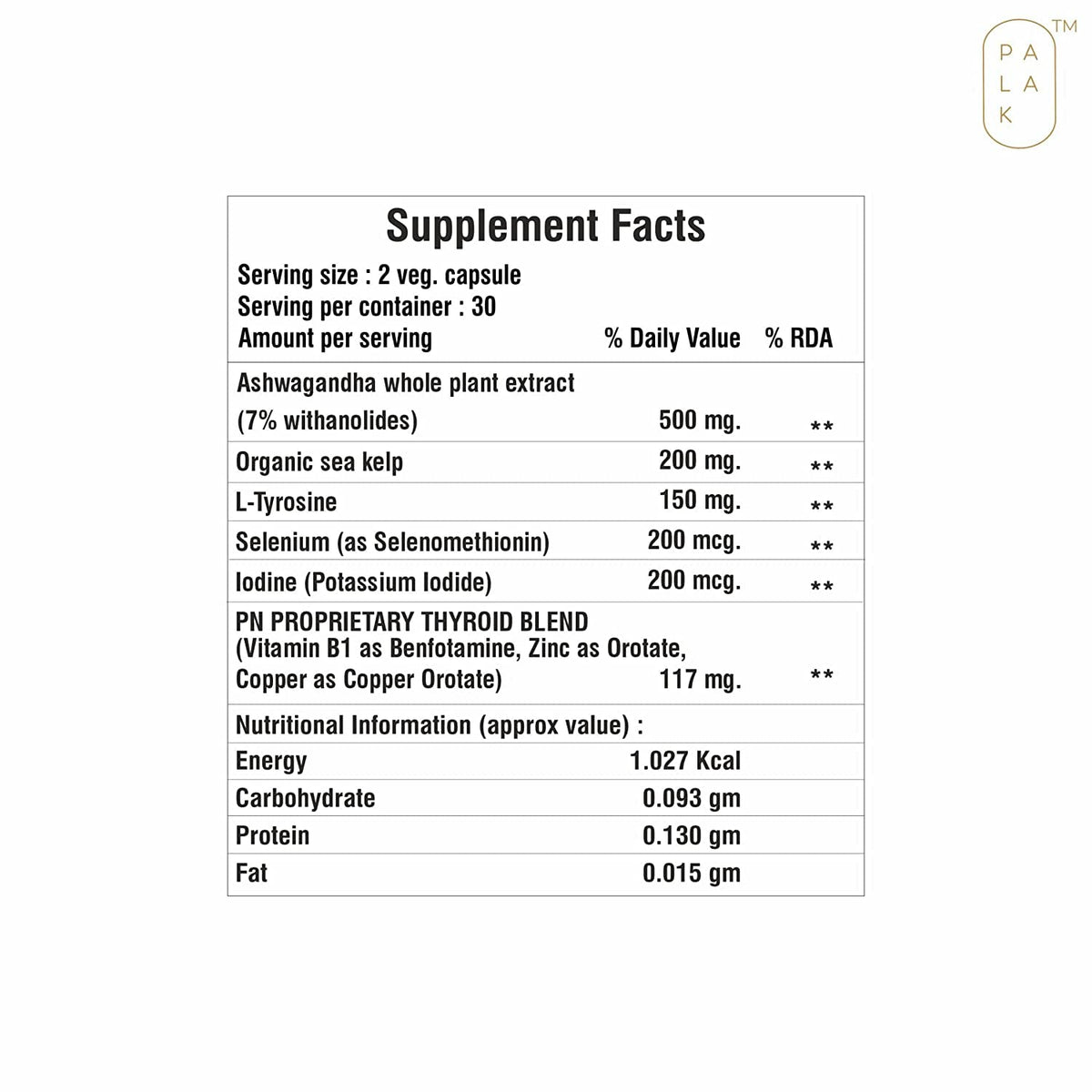 Selenium Sea Kelp L-Tyrosine Zinc Ashwagandha B1 60 Capsules A296