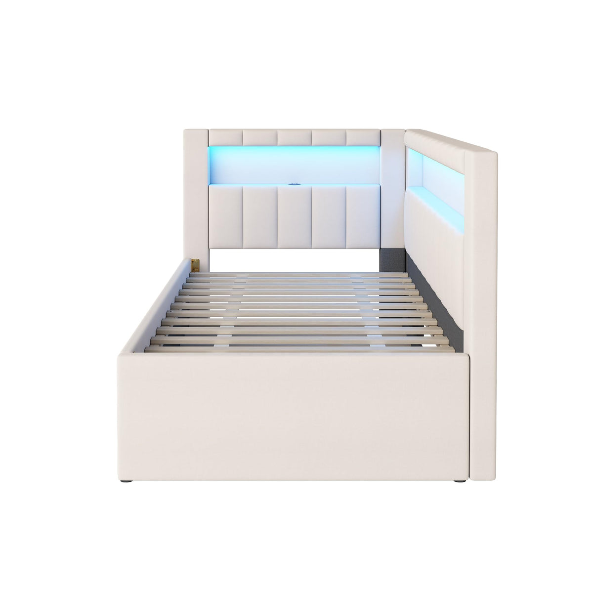 White Linen Upholstered Twin Size Daybed with Trundle and Bookcase Headboard J385657