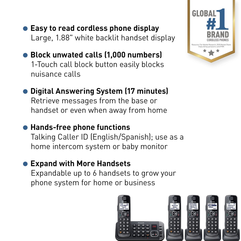 Metallic Black 5 Handset Cordless Phone System with Answering Machine O954