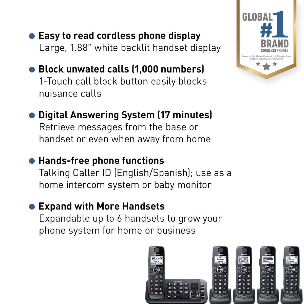 Metallic Black 5 Handset Cordless Phone System with Answering Machine O954