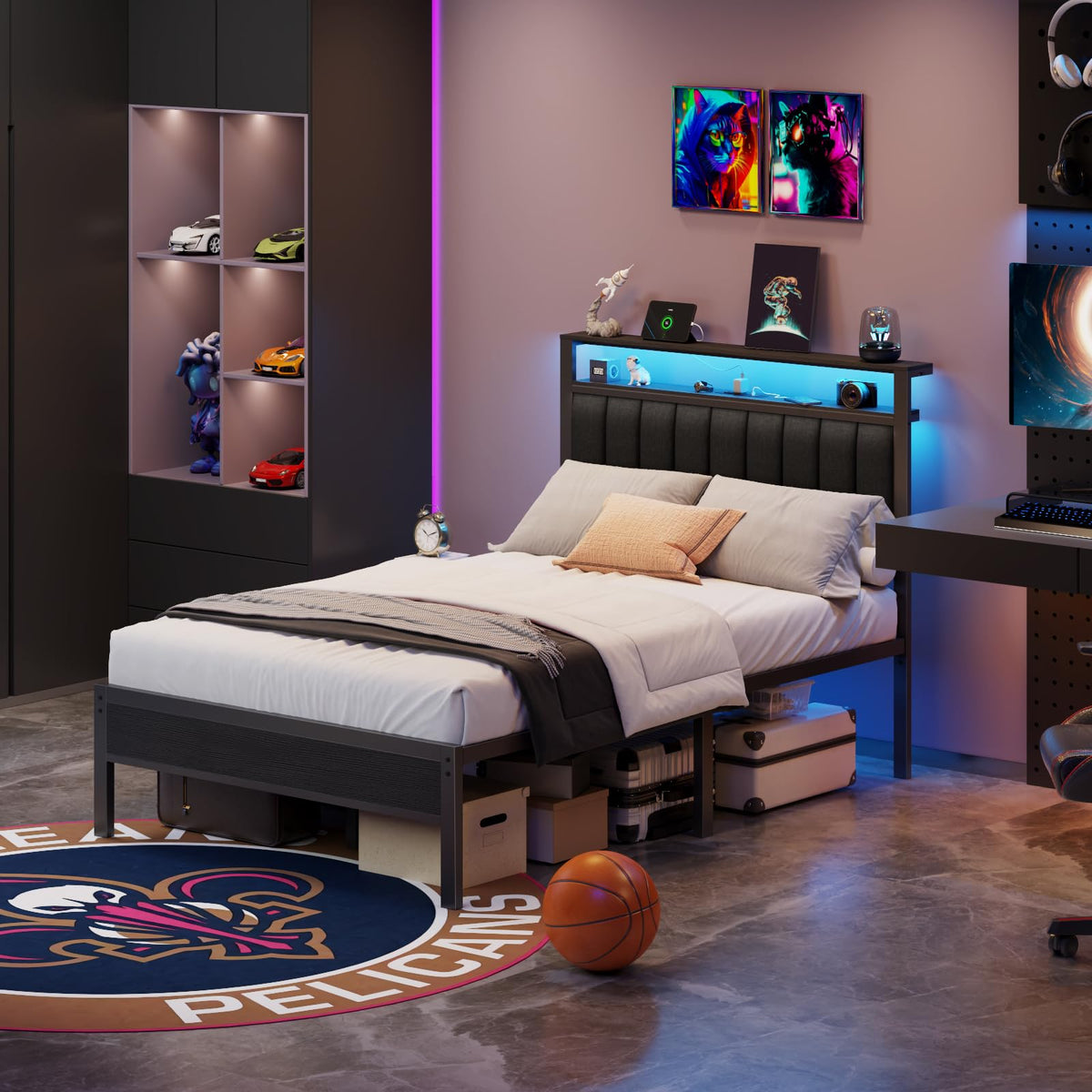 Full Size Bed Frame with Charging Station and LED Lights C40233