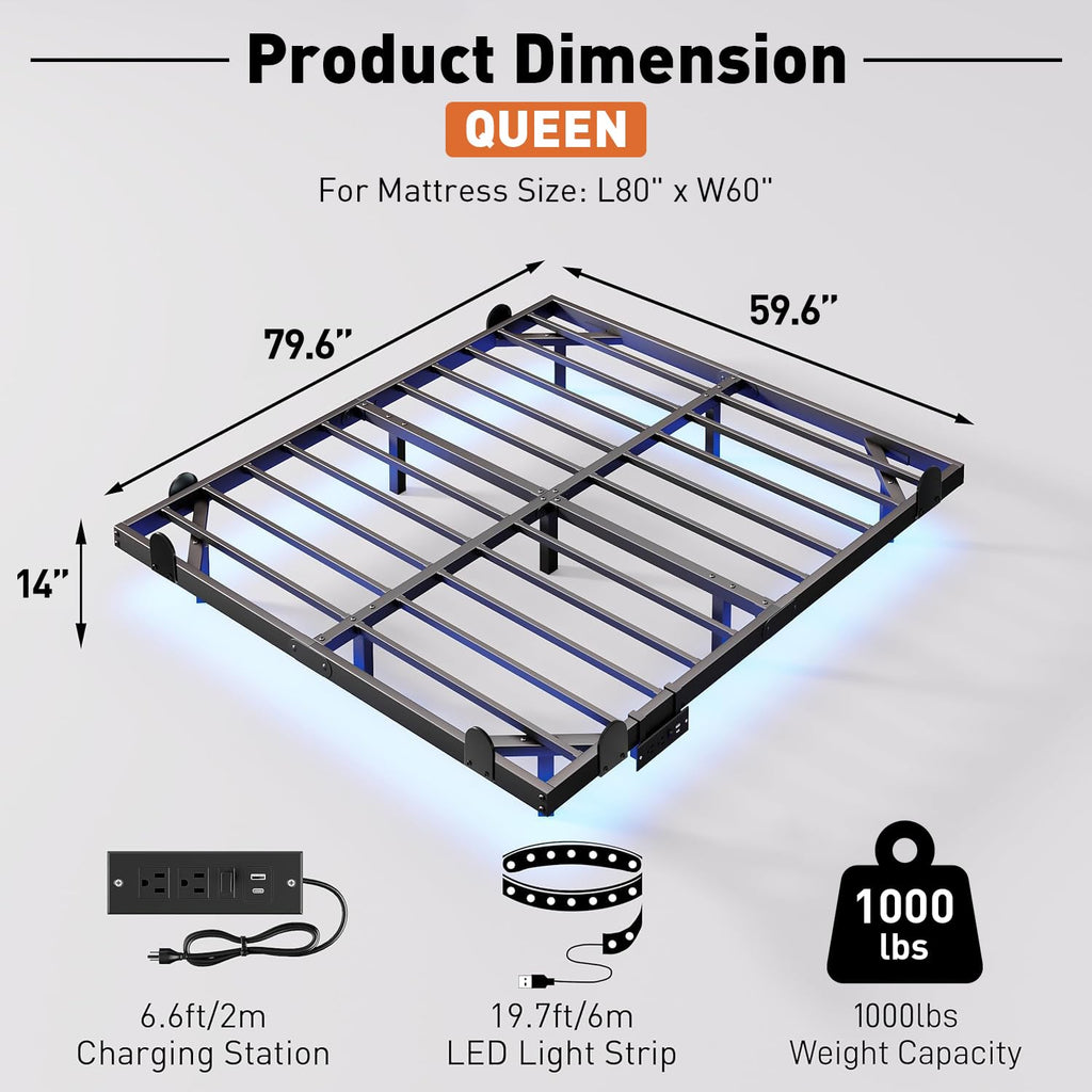 Queen Floating Bed Frame with LED Lights and Charging Station I283995