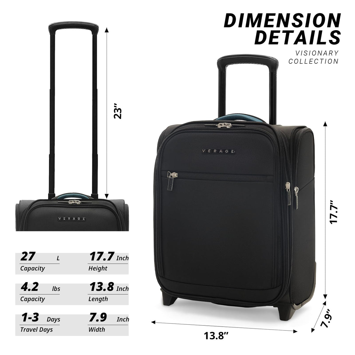 16-Inch Black Underseat Carry On Luggage with Wheels V1514