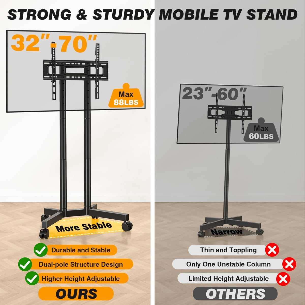 Dual-Pole Rolling TV Stand for 32-75 inch TVs H823