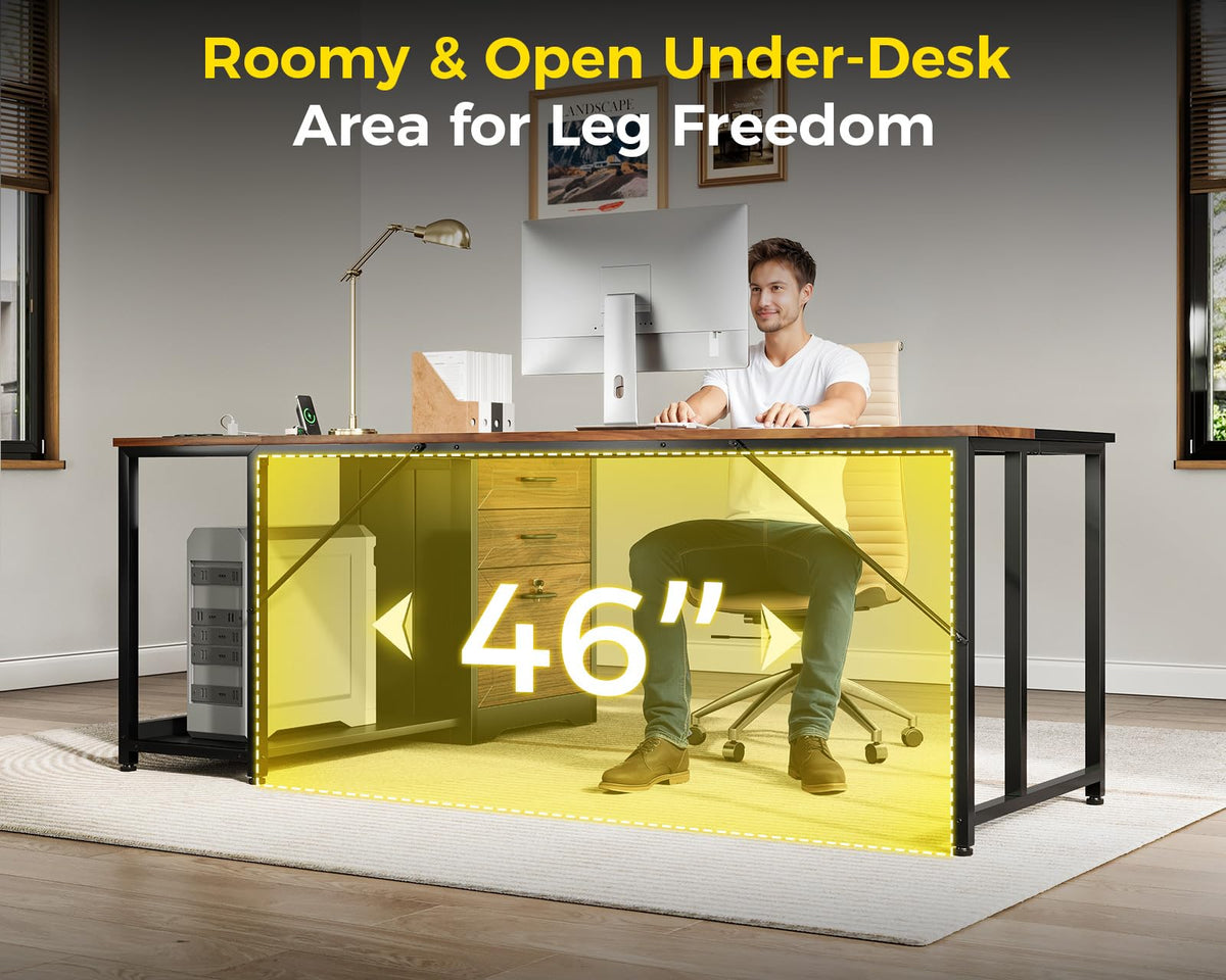 61" L Shaped Office Desk with Wood Drawers E11605