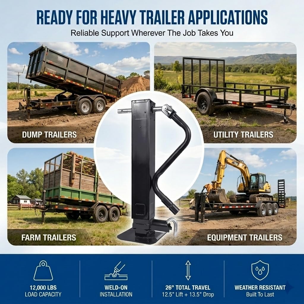 12000 LBS Weld-On Trailer Jack 4" Square Tube 26" Travel Side Wind Black O69318