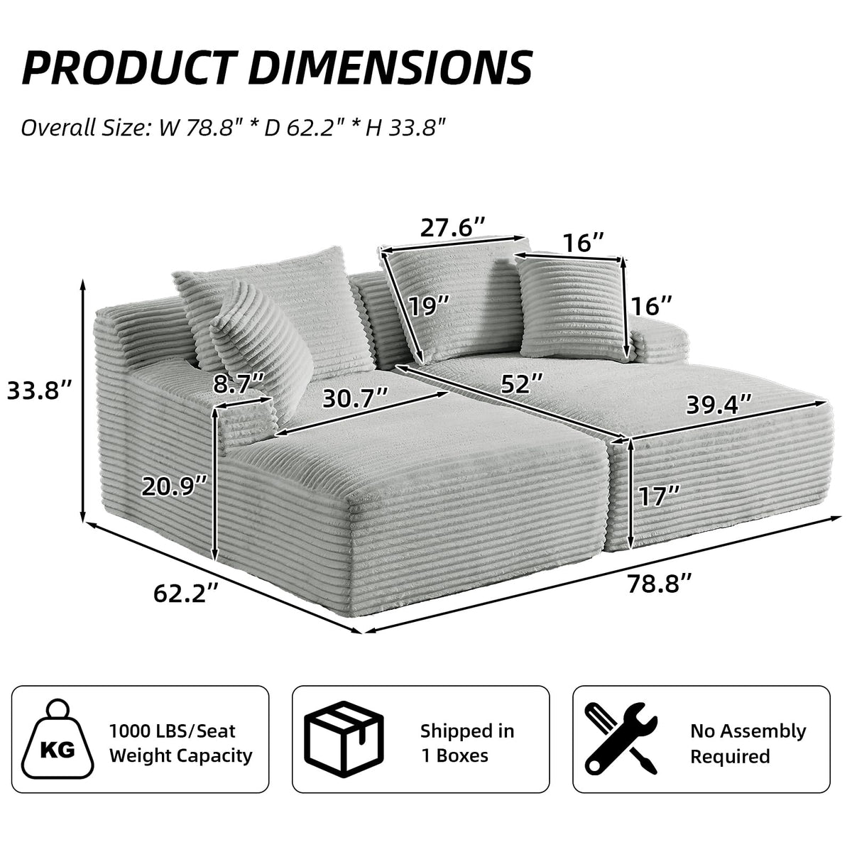 Oversized Corduroy Chaise Lounge Sofa Bed with Throw Pillows N376