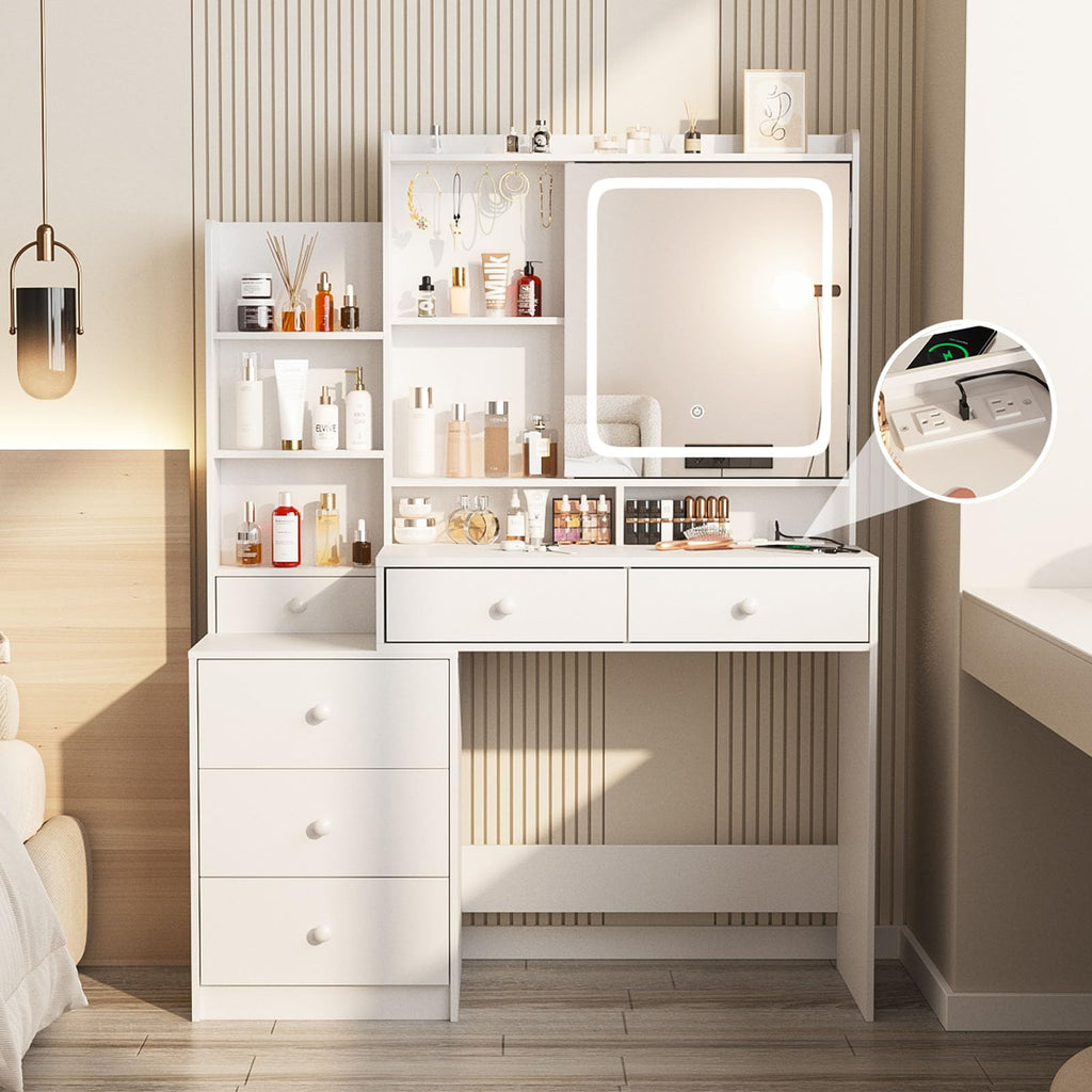 White Vanity Desk with Lighted Mirror and 6 Drawers B689698