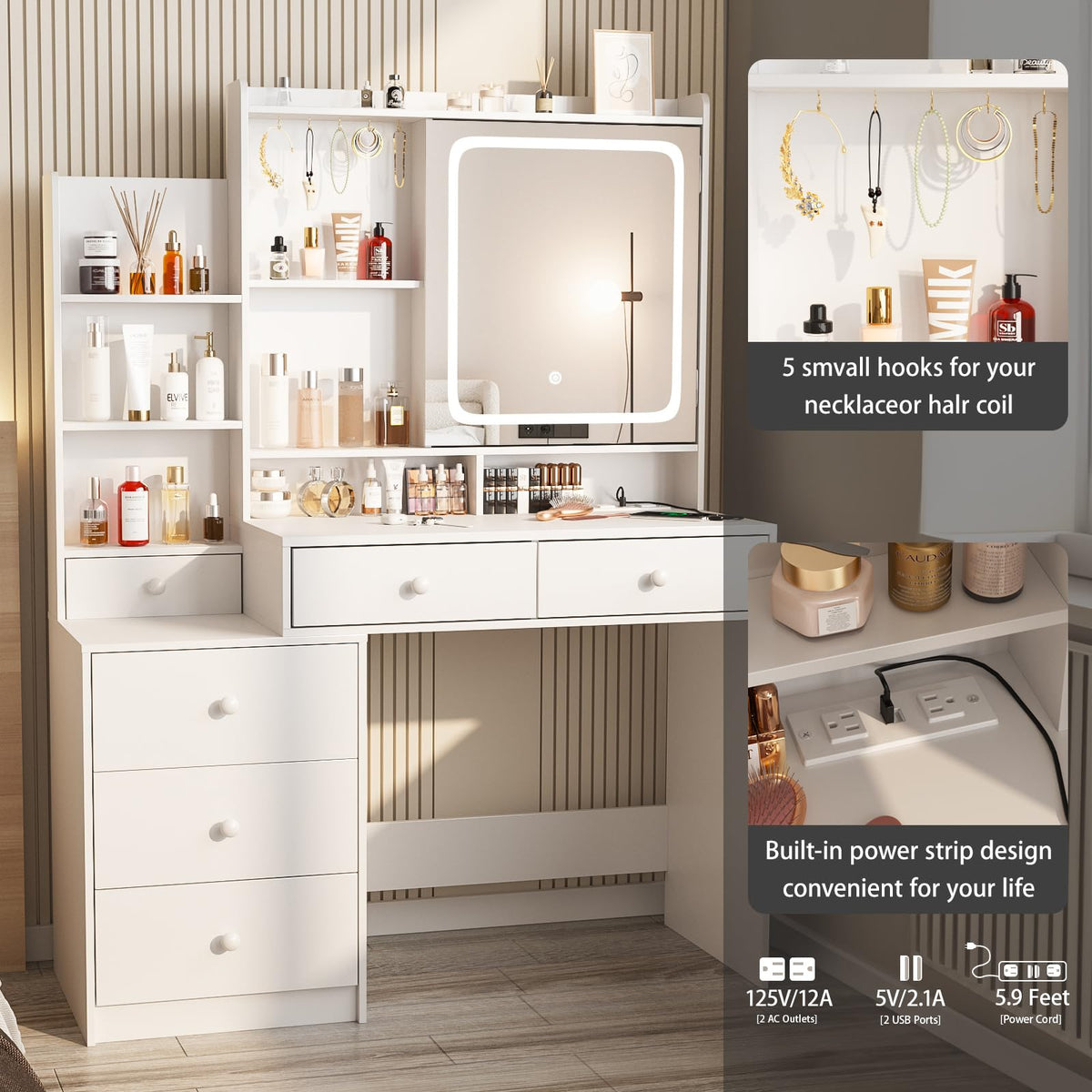 White Vanity Desk with Lighted Mirror and 6 Drawers B689698