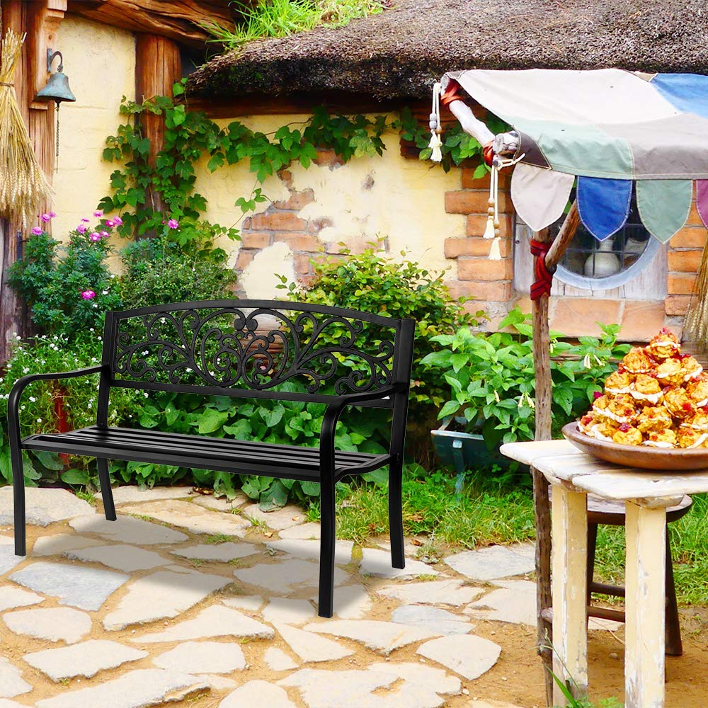 50in Black Metal Outdoor Bench with Armrests F665