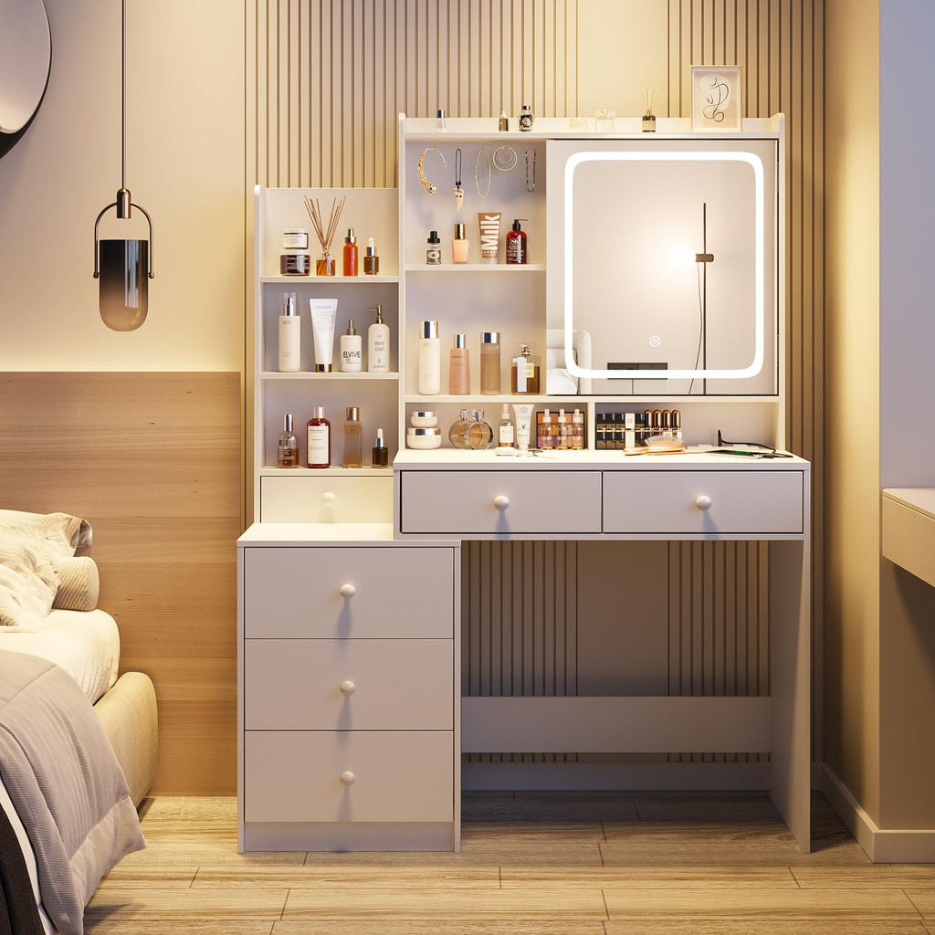 White Vanity Desk with Lighted Mirror and 6 Drawers B689698