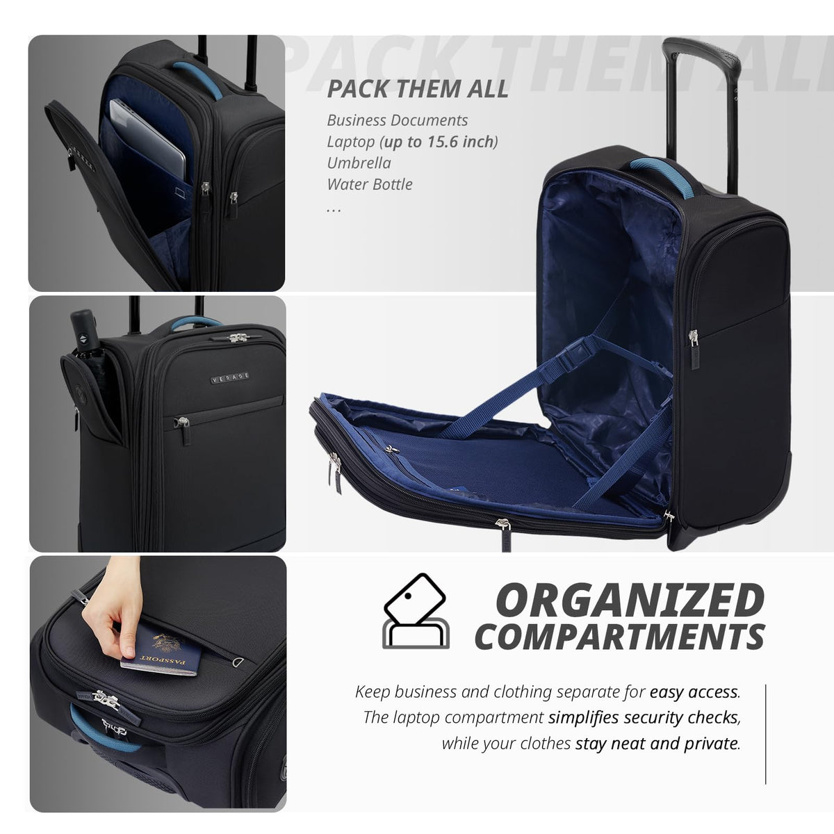 16-Inch Black Underseat Carry On Luggage with Wheels V1514