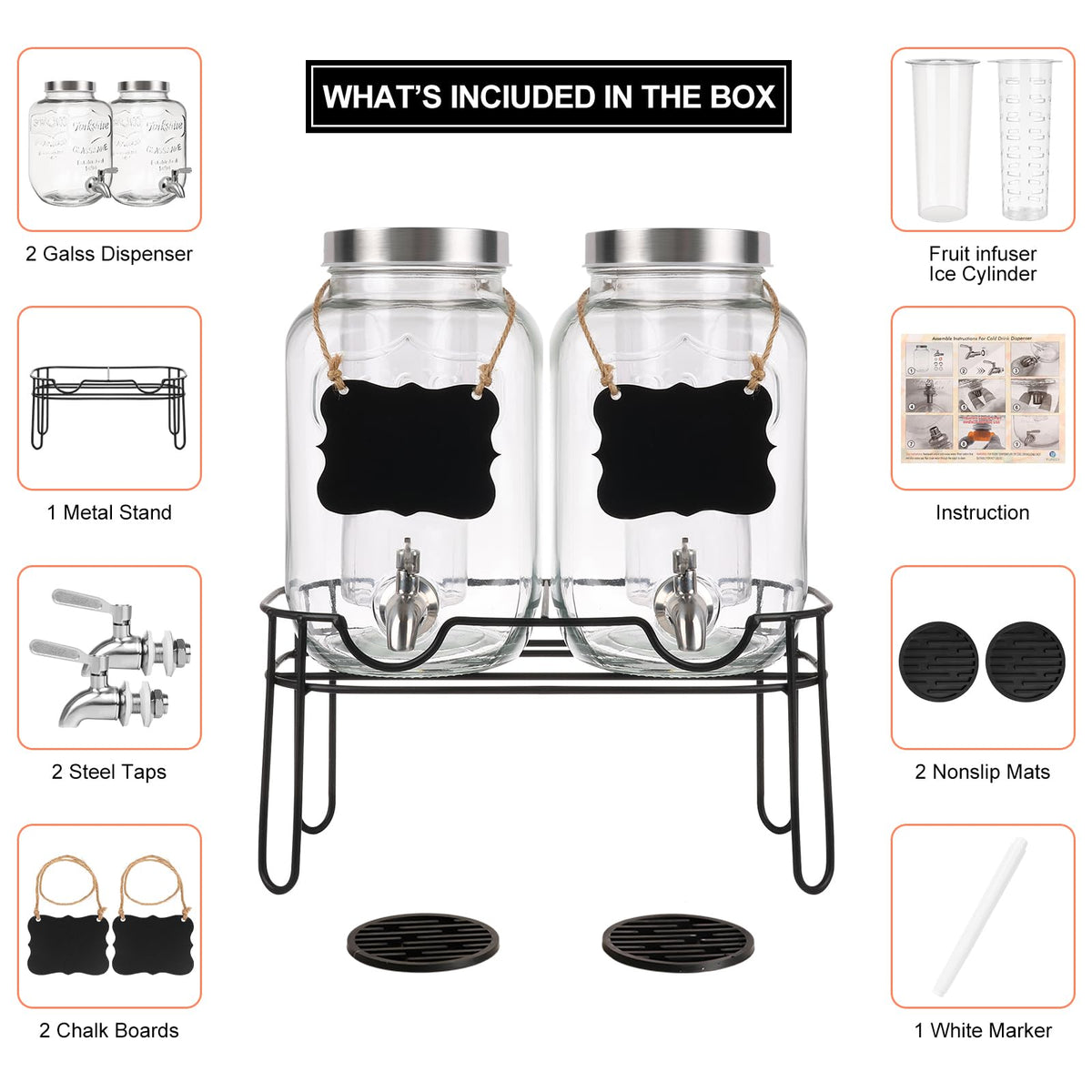 2 Pack 1 Gallon Glass Drink Dispenser with Stand Q235500