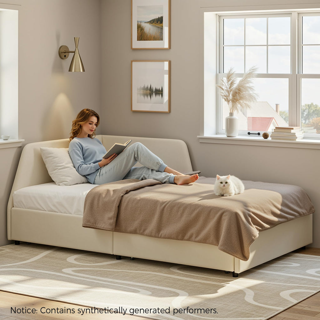 Twin Corner Daybed with 2 Drawers and Headboard, Beige H556193