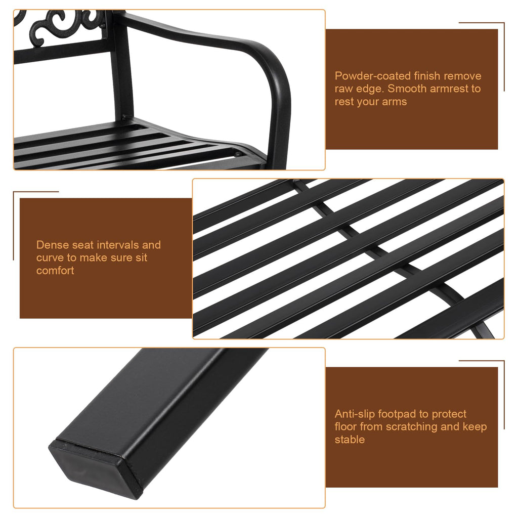 50in Black Metal Outdoor Bench with Armrests F665
