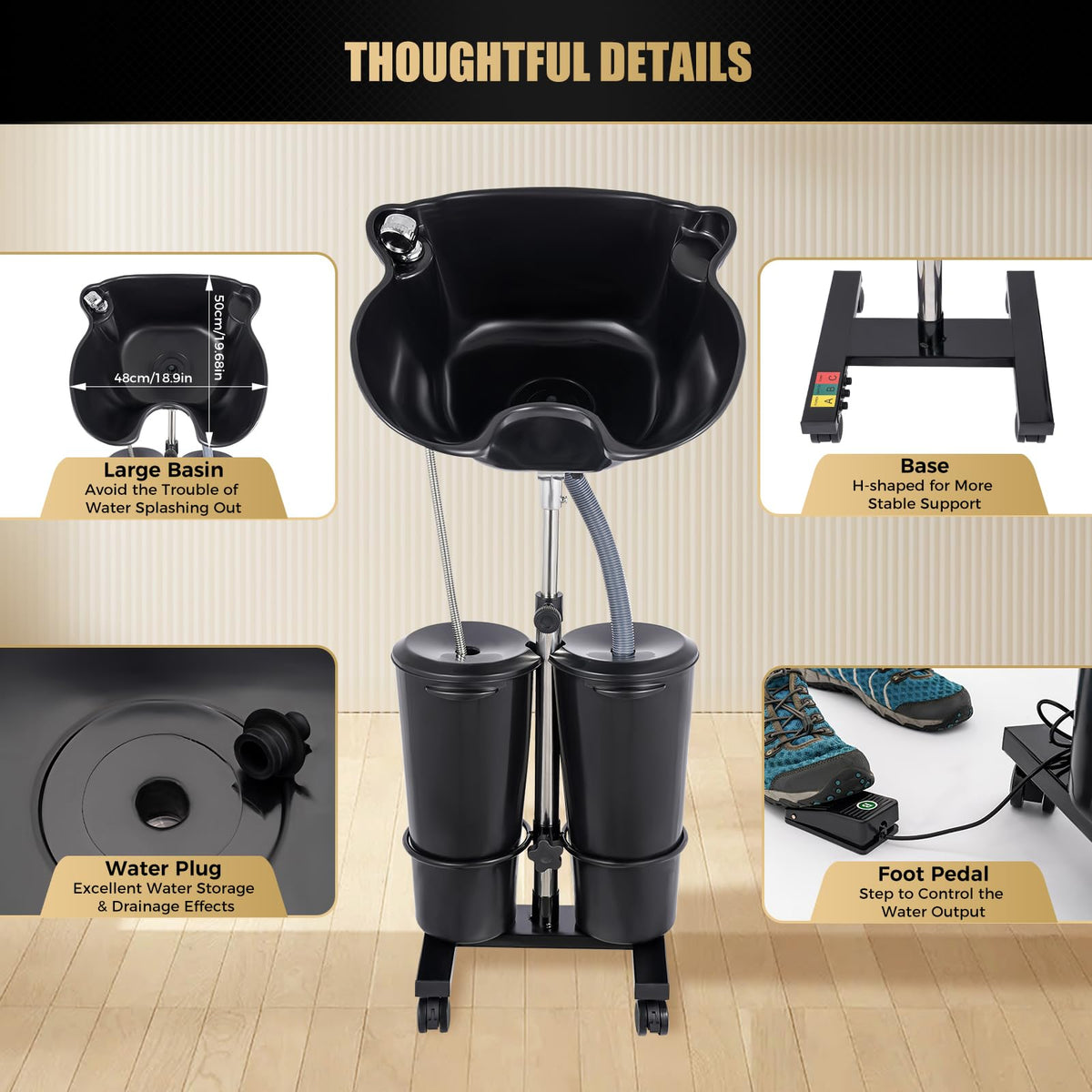 Portable Shampoo Bowl with 2 Buckets, Electric Pump, Drain Hose, 4 Wheels I49180