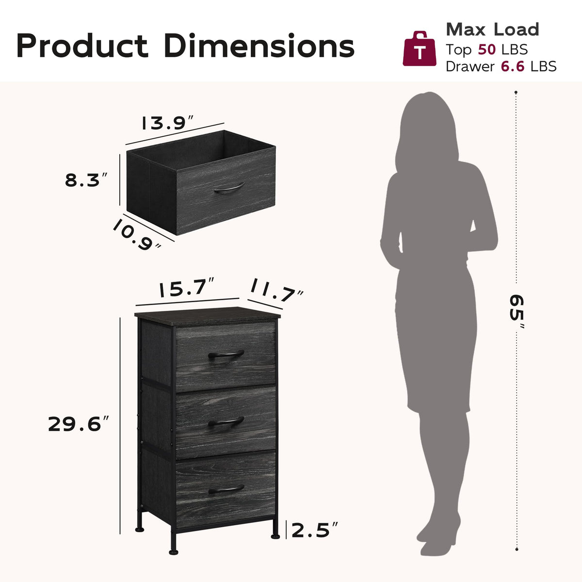 Black 3 Drawer Wood Dresser E492