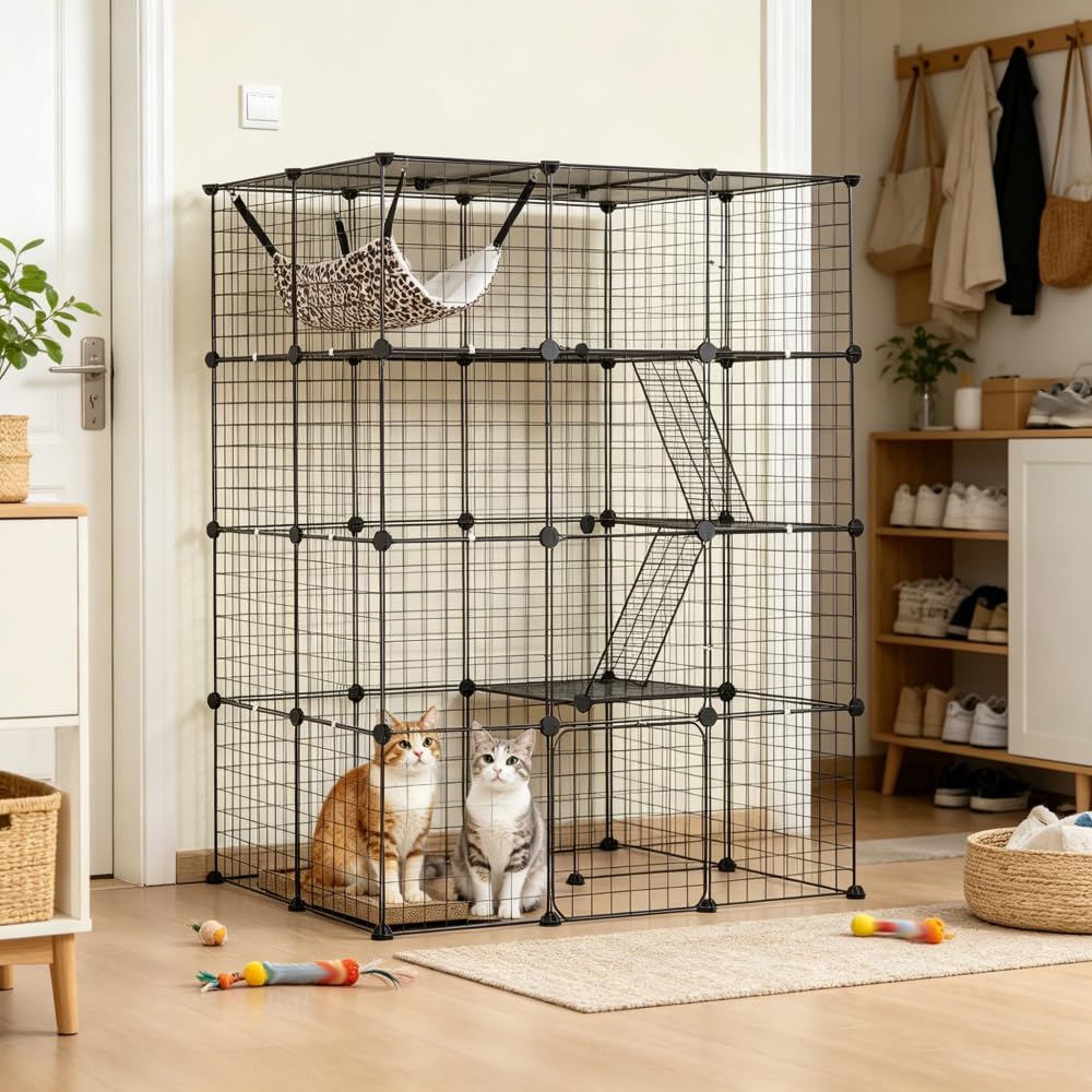 4-Tier Metal Wire Cat Cage with Hammock, Platforms & Ramps, Black S7659
