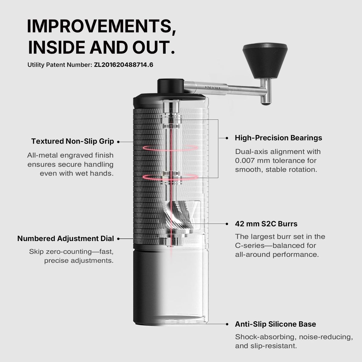Manual Coffee Grinder with Conical Burr, Portable Hand Coffee Mill - Black A4692