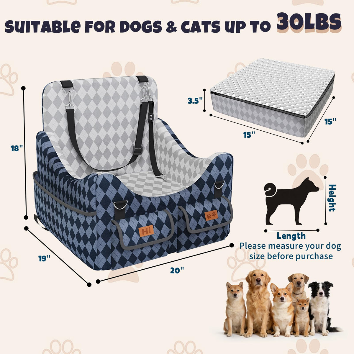 Memory Foam Dog Booster Seat with Safety Belt C7354