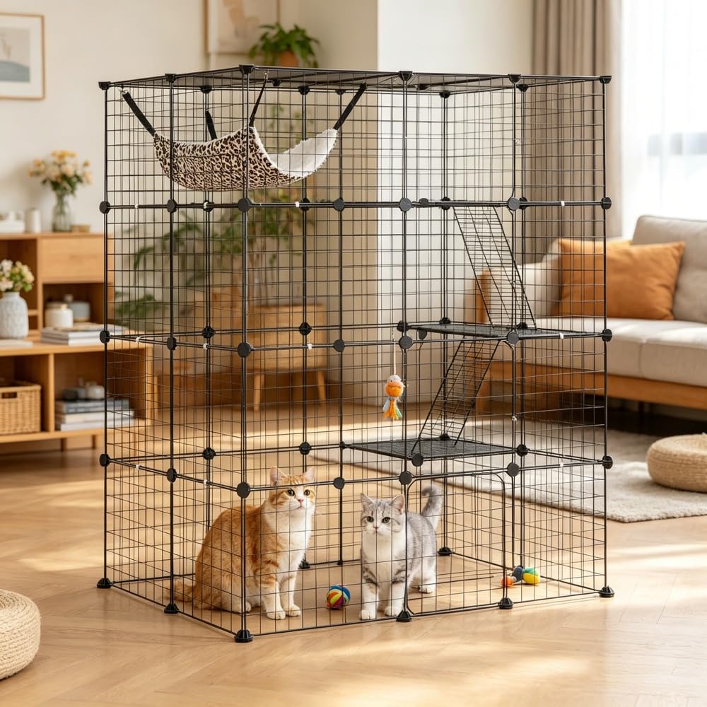 4-Tier Metal Wire Cat Cage with Hammock, Platforms & Ramps, Black S7659