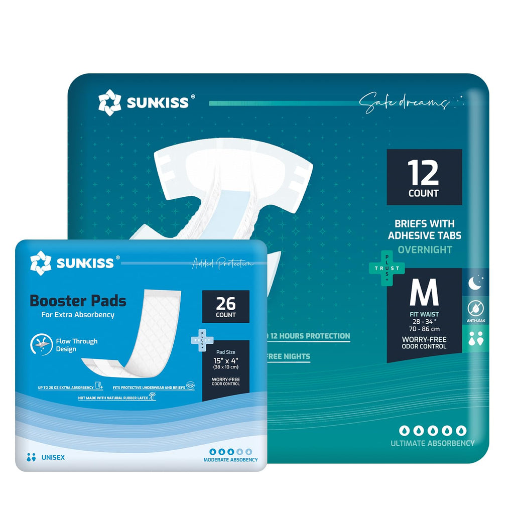 Adult Diapers Medium 12 Count & Booster Pads 26 Count Bundle E1215