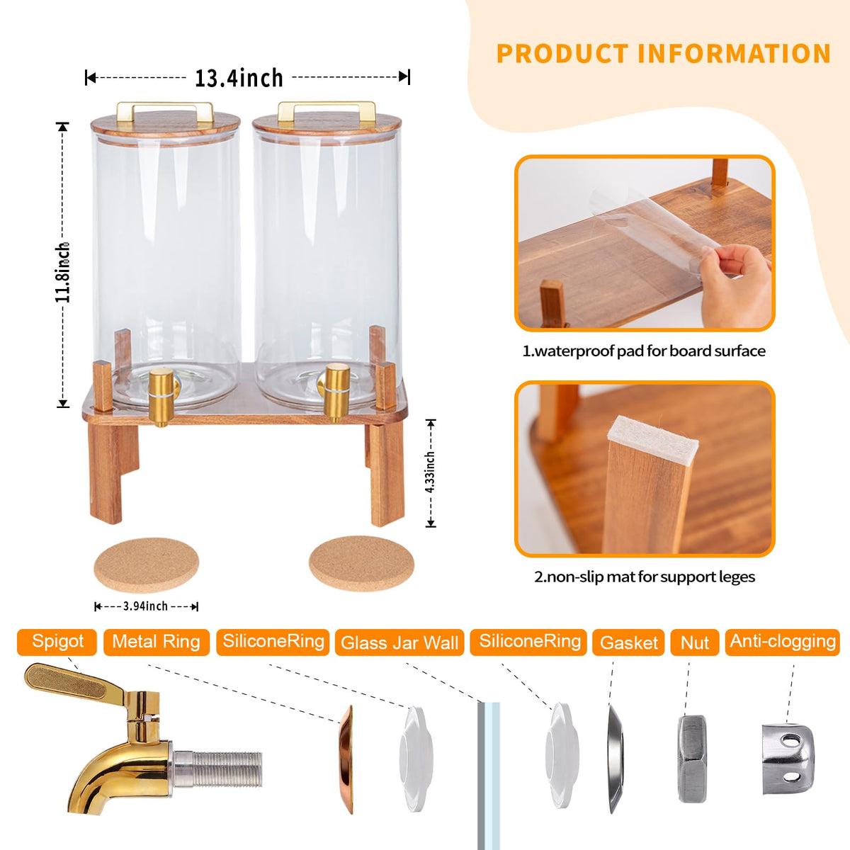 2 Pack 1.5 Gallon Glass Beverage Dispenser with Wooden Lid X698