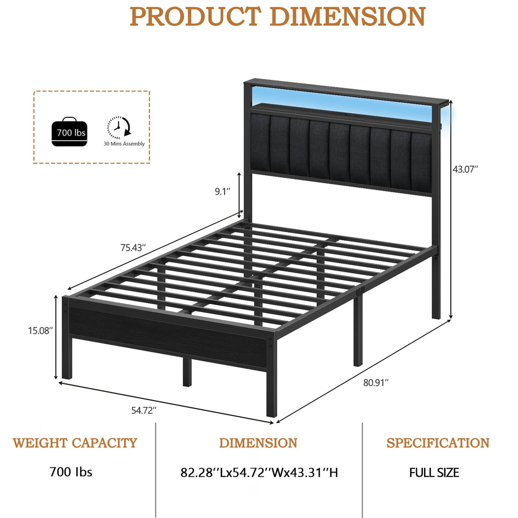 Full Size Bed Frame with Charging Station and LED Lights C40233